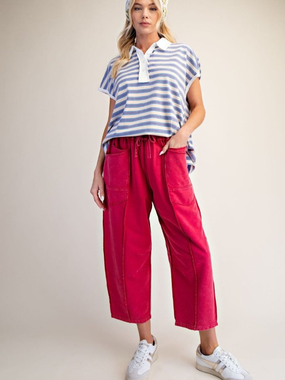 EASEL MINERAL WASHED TERRY KNIT BARREL PANTS 100% COTTON